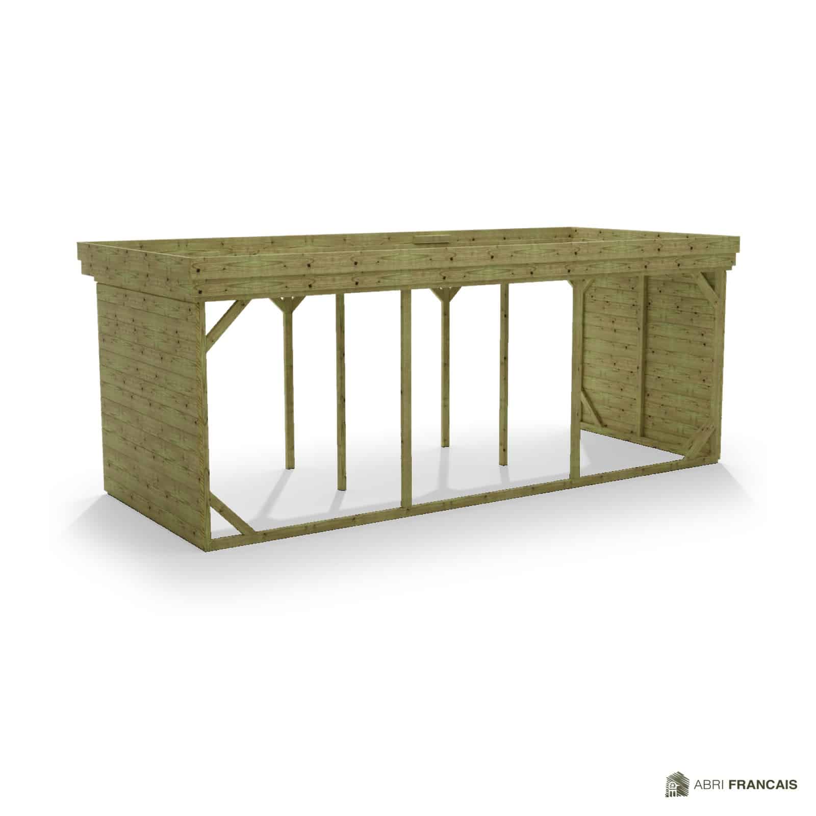 Abri à bûches 5 m × 2,27 m – vue arrière, fond et côtés