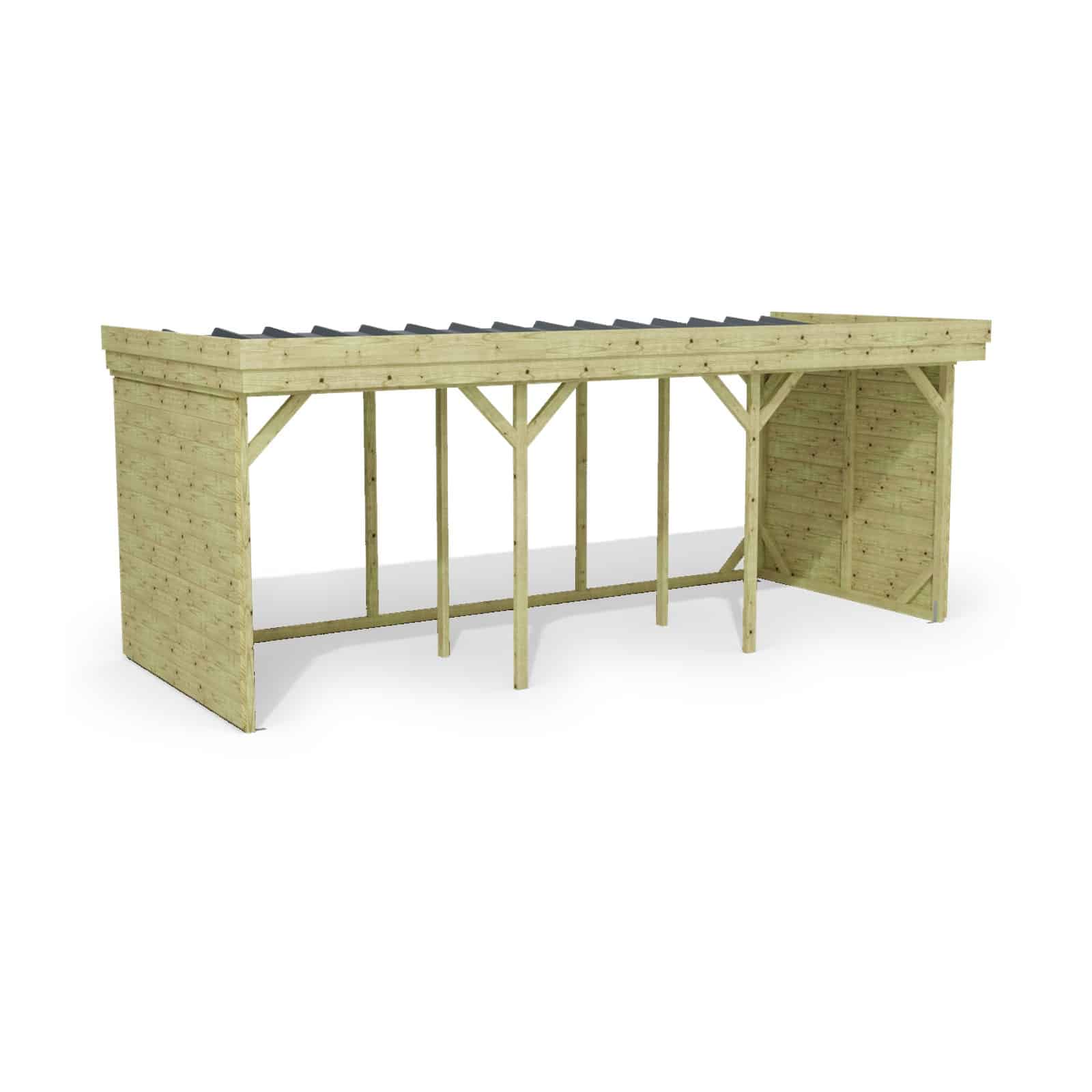 Abri à bûches 5 m × 2,27 m, adossé – rendu 3D sur fond blanc