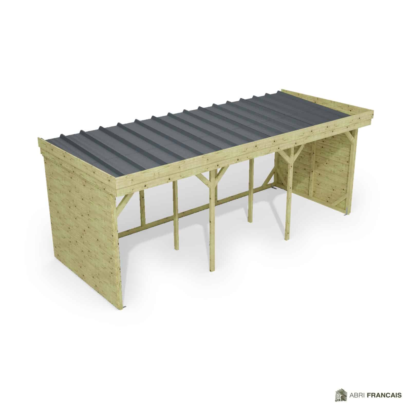 Abri à bûches 5 m × 2,27 m, adossé – vue du toit en bac acier