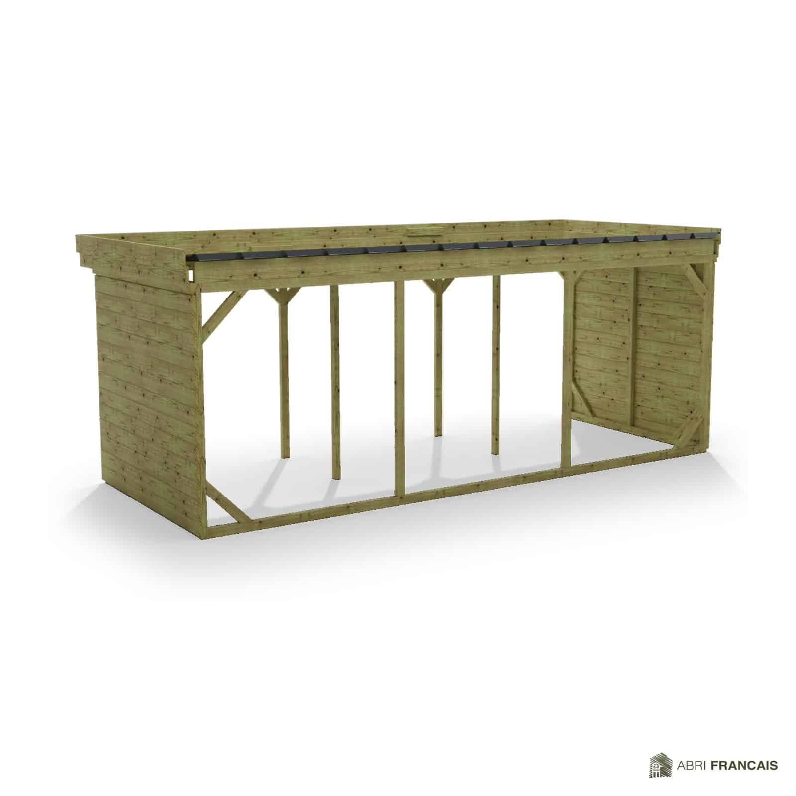 Abri à bûches 5 m × 2,27 m, adossé – vue arrière, fond et côtés