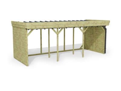 Abri à bûches 5 m × 2,27 m, adossé, avec gouttière – rendu 3D sur fond blanc