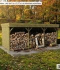 Abri à bûches 5 m × 2,27 m, adossé, avec gouttière – mise en situation