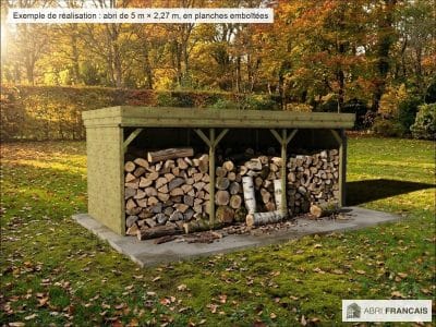 Abri à bûches 5 m × 2,27 m, adossé, avec gouttière – mise en situation