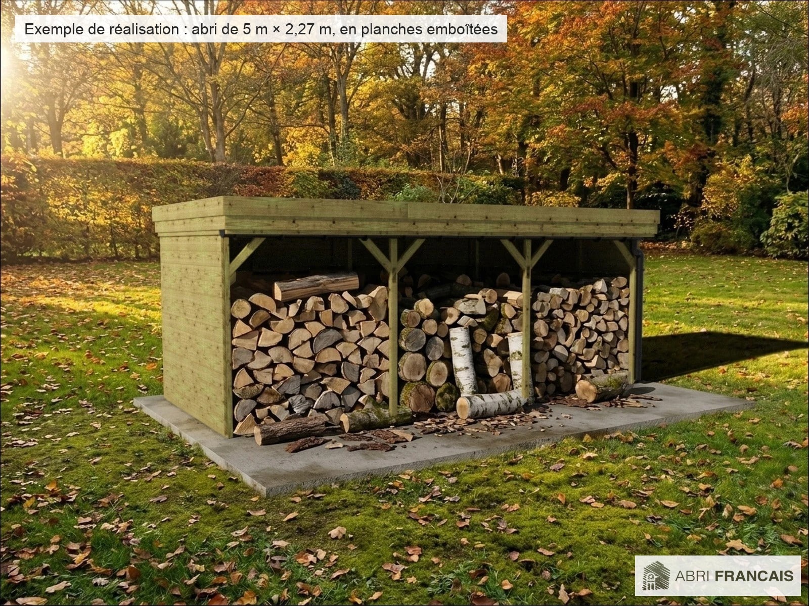 Abri à bûches 5 m × 2,27 m, adossé, avec gouttière – mise en situation