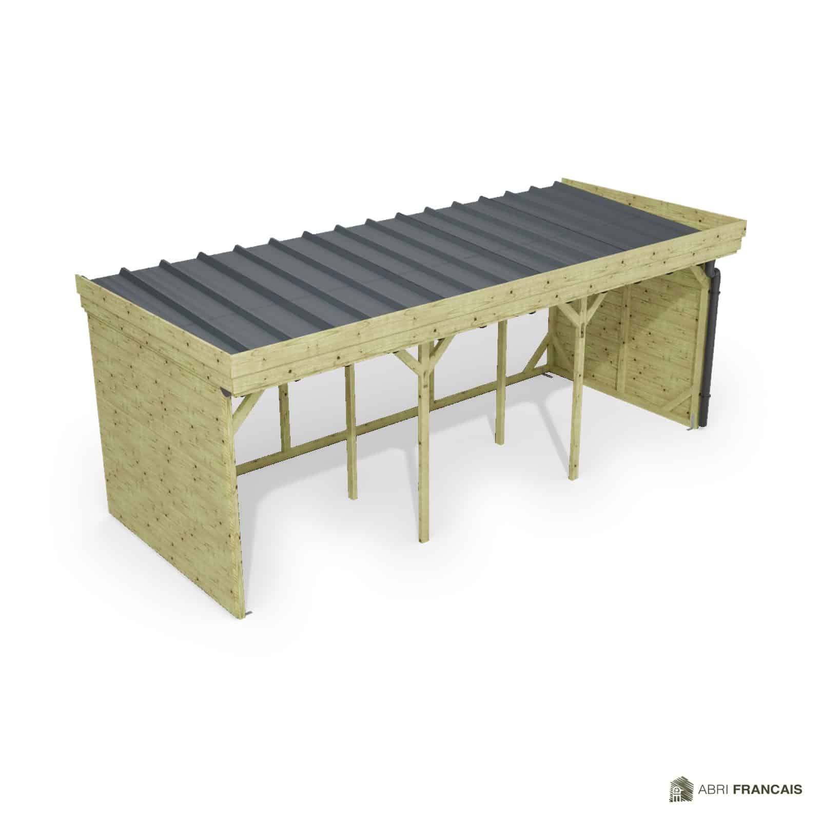 Abri à bûches 5 m × 2,27 m, adossé, avec gouttière – vue du toit en bac acier