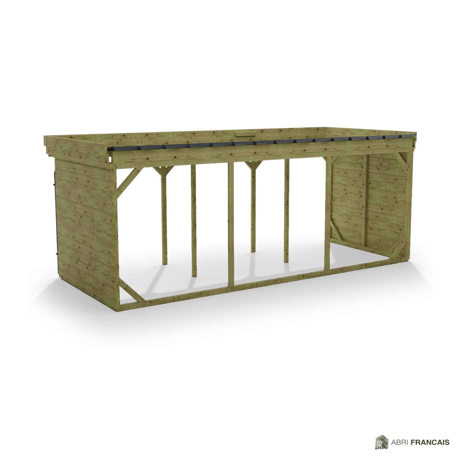 Abri à bûches 5 m × 2,27 m, adossé, avec gouttière – vue arrière, fond et côtés