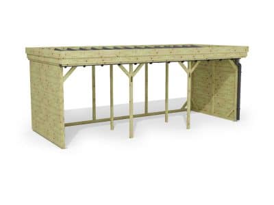 Abri à bûches 5 m × 2,27 m, avec gouttière – rendu 3D sur fond blanc