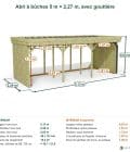 Abri à bûches 5 m × 2,27 m, avec gouttière – cotes extérieures et intérieures