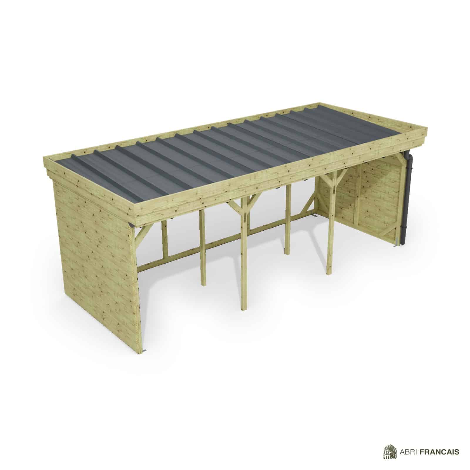 Abri à bûches 5 m × 2,27 m, avec gouttière – vue du toit en bac acier