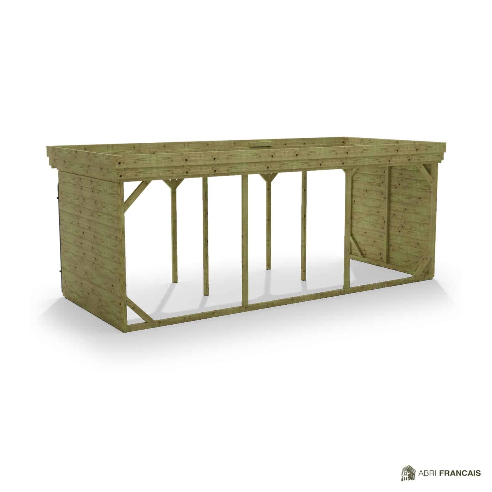 Abri à bûches 5 m × 2,27 m, avec gouttière – vue arrière, fond et côtés