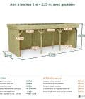 Abri à bûches 5 m × 2,27 m, avec gouttière – cotes extérieures et intérieures