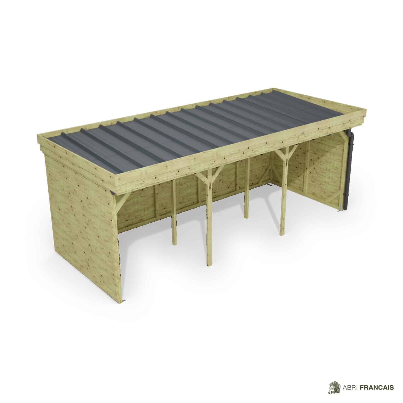 Abri à bûches 5 m × 2,27 m, avec gouttière – vue du toit en bac acier