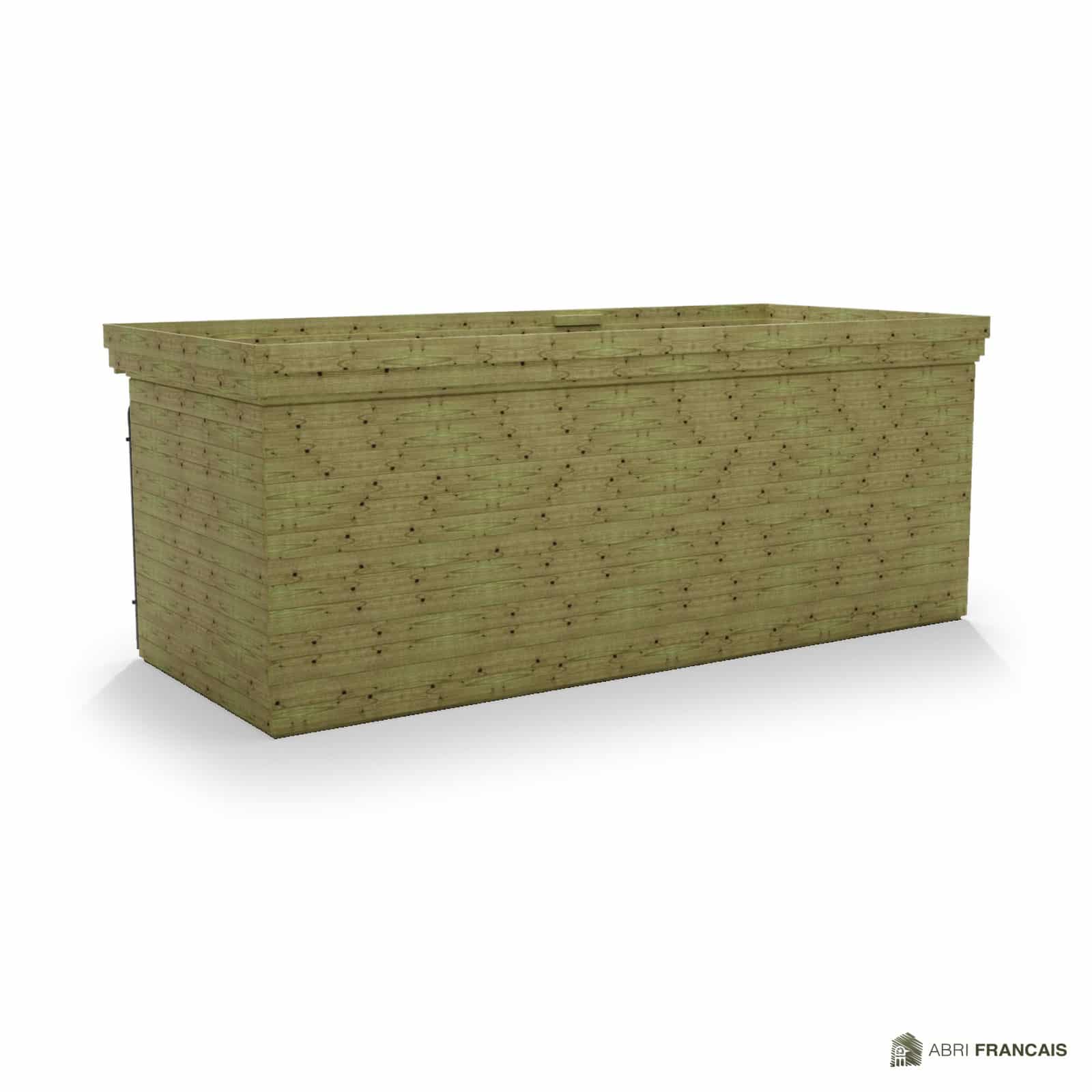 Abri à bûches 5 m × 2,27 m, avec gouttière – vue arrière, fond et côtés