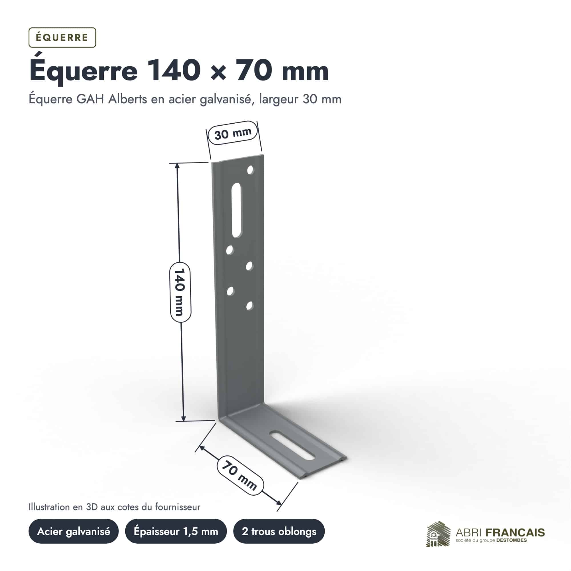 Équerre 140 × 70 mm, vue cotée, Abri Français