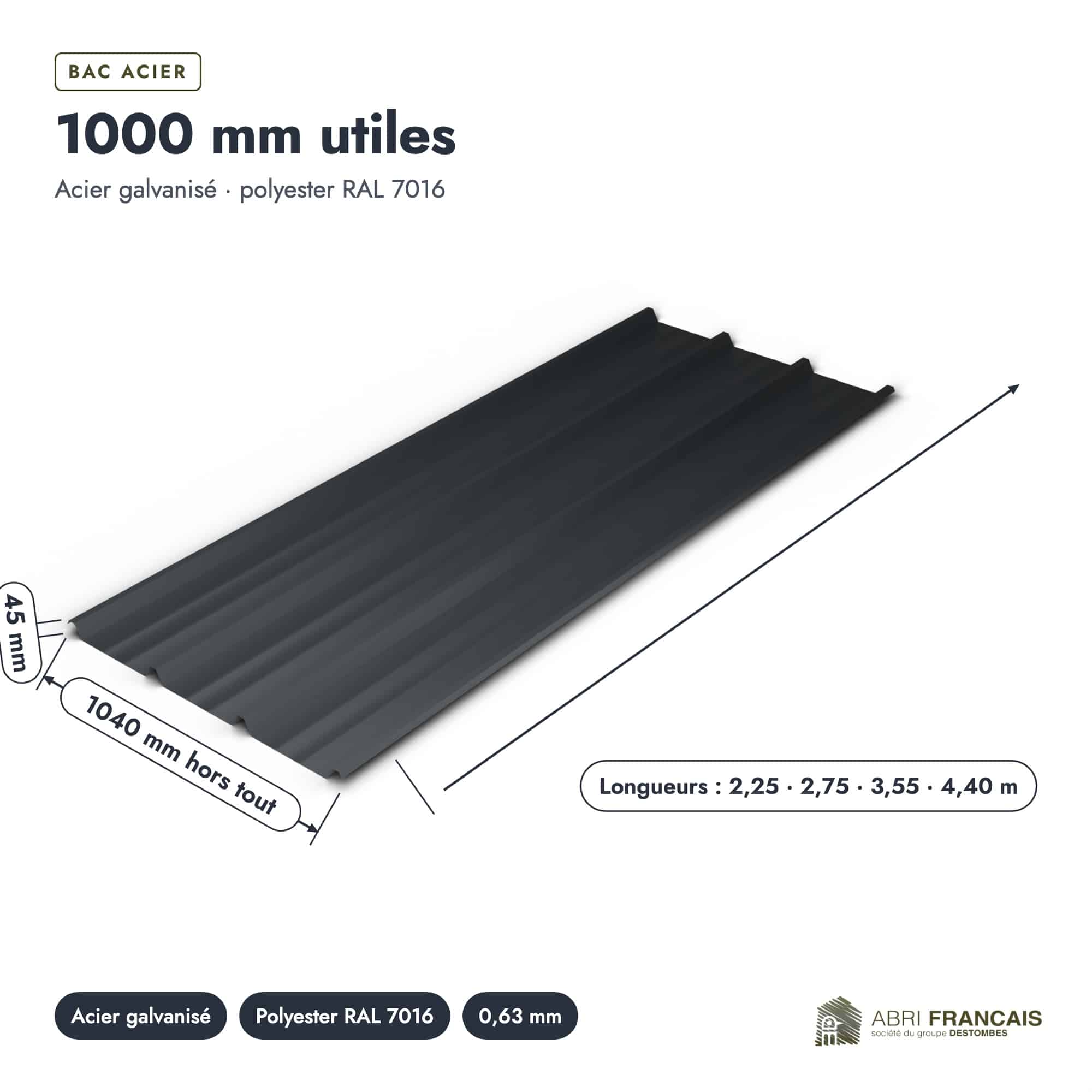 Bac acier gris anthracite RAL 7016 – Épaisseur 63/100 – 5 Ondulations, pièce cotée, Abri Français