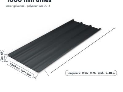 Tôle bac acier anthracite RAL 7016, 63/100, 1000 mm utiles, sans film : pièce cotée et longueurs