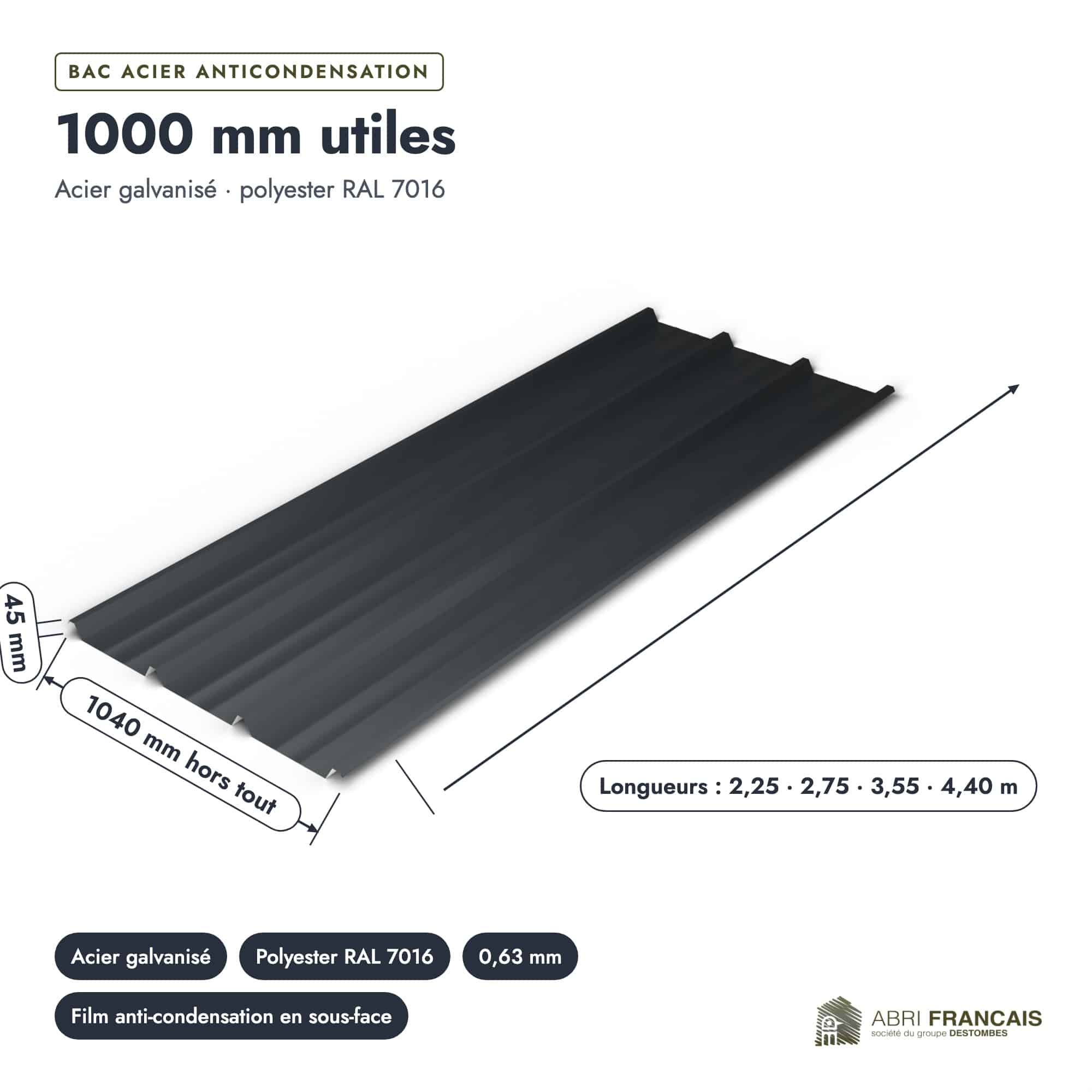 Bac acier gris anthracite RAL 7016 – Épaisseur 63/100 – 5 Ondulations, pièce cotée, Abri Français