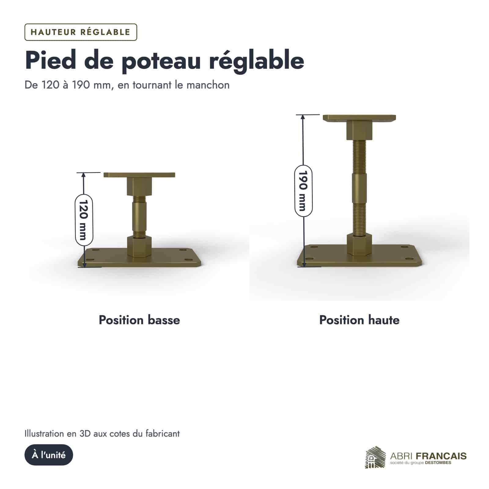Pied de poteau réglable pour poteau 90x90, de 120 à 190 mm : boite ou ensemble