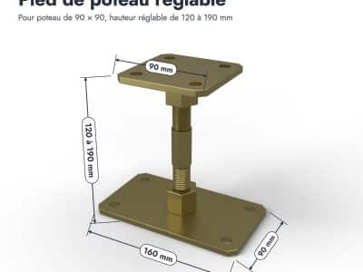 Pied de poteau réglable pour poteau 90x90, de 120 à 190 mm : piece cotee