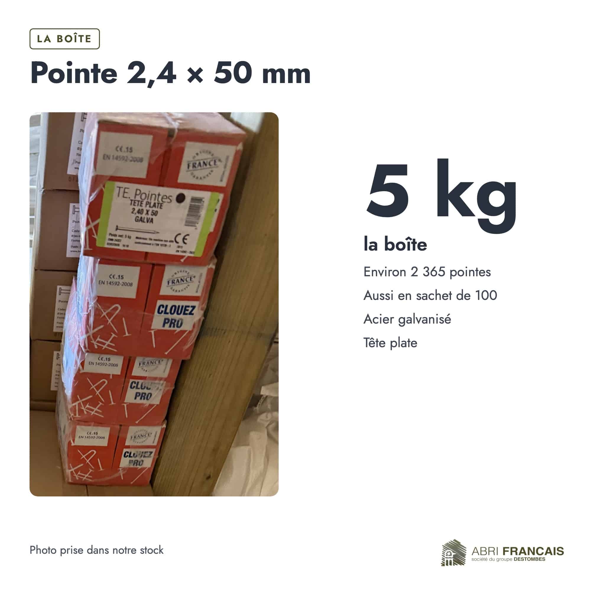 Pointe 2,4 × 50 mm, boîte ou ensemble, Abri Français
