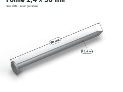 Pointe 2,4 × 50 mm, vue cotée, Abri Français
