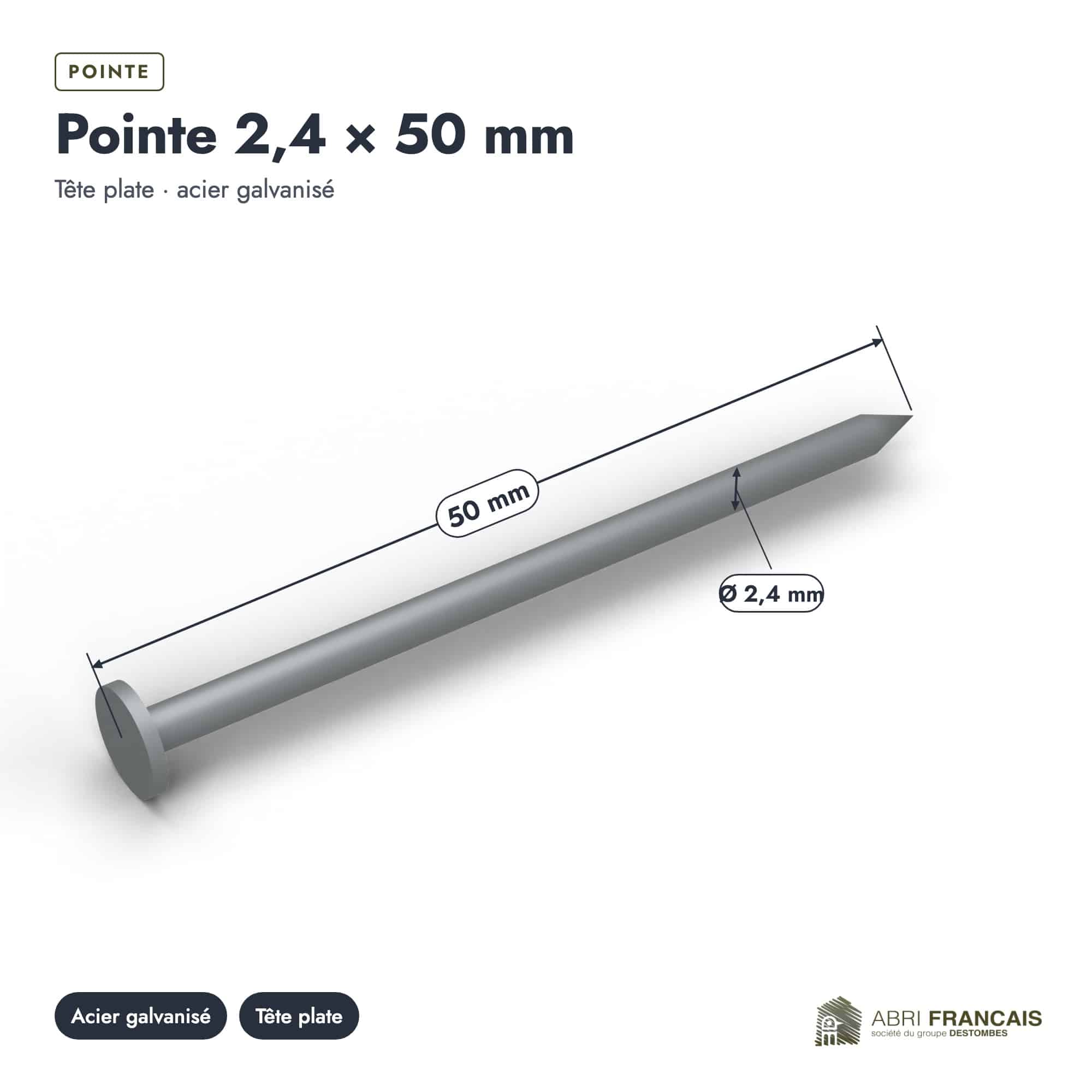 Pointe 2,4 × 50 mm, vue cotée, Abri Français