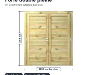 Double porte bois extérieur pleine à 2 vantaux, traitée autoclave, 45 mm : porte cotee