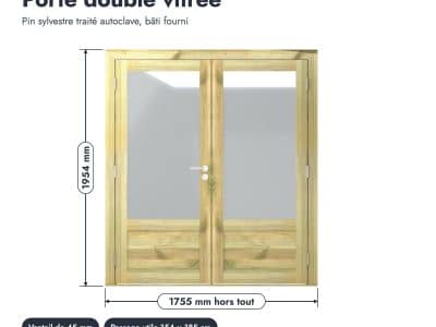 Porte double vitrée bois traitée autoclave, 2 vantaux de 45 mm : porte cotee