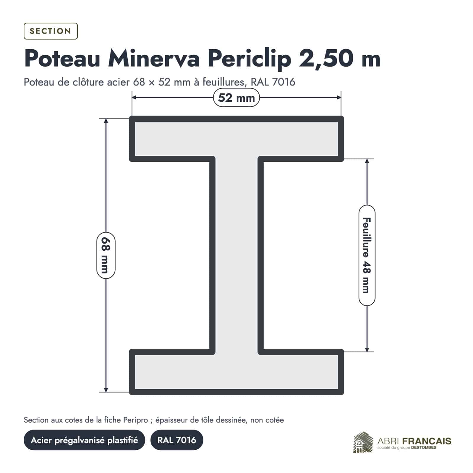 Poteau métallique Minerva Periclip 68x52, 2,50 m : piece cotee