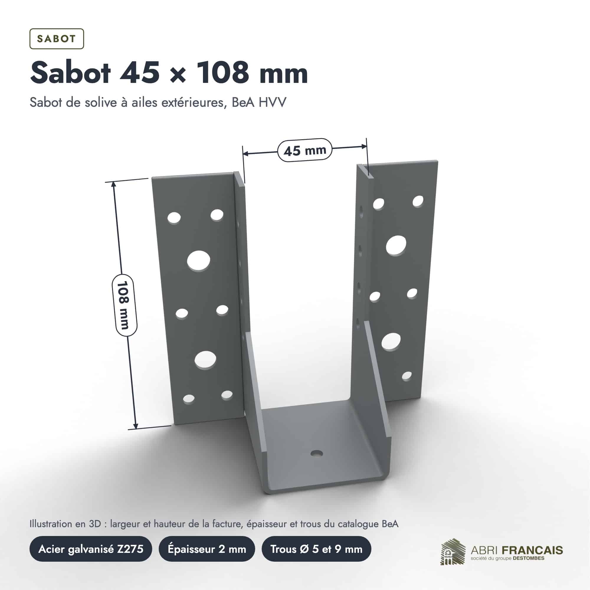 Sabot 45 × 108 mm, vue cotée, Abri Français