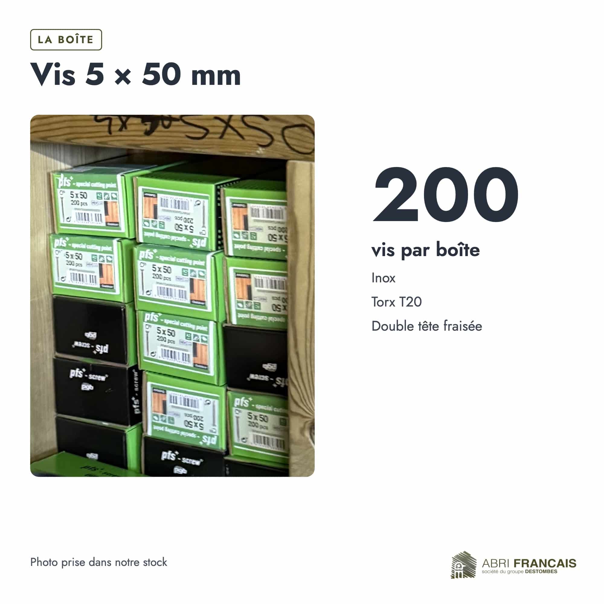 Vis 5 × 50 mm, boîte ou ensemble, Abri Français