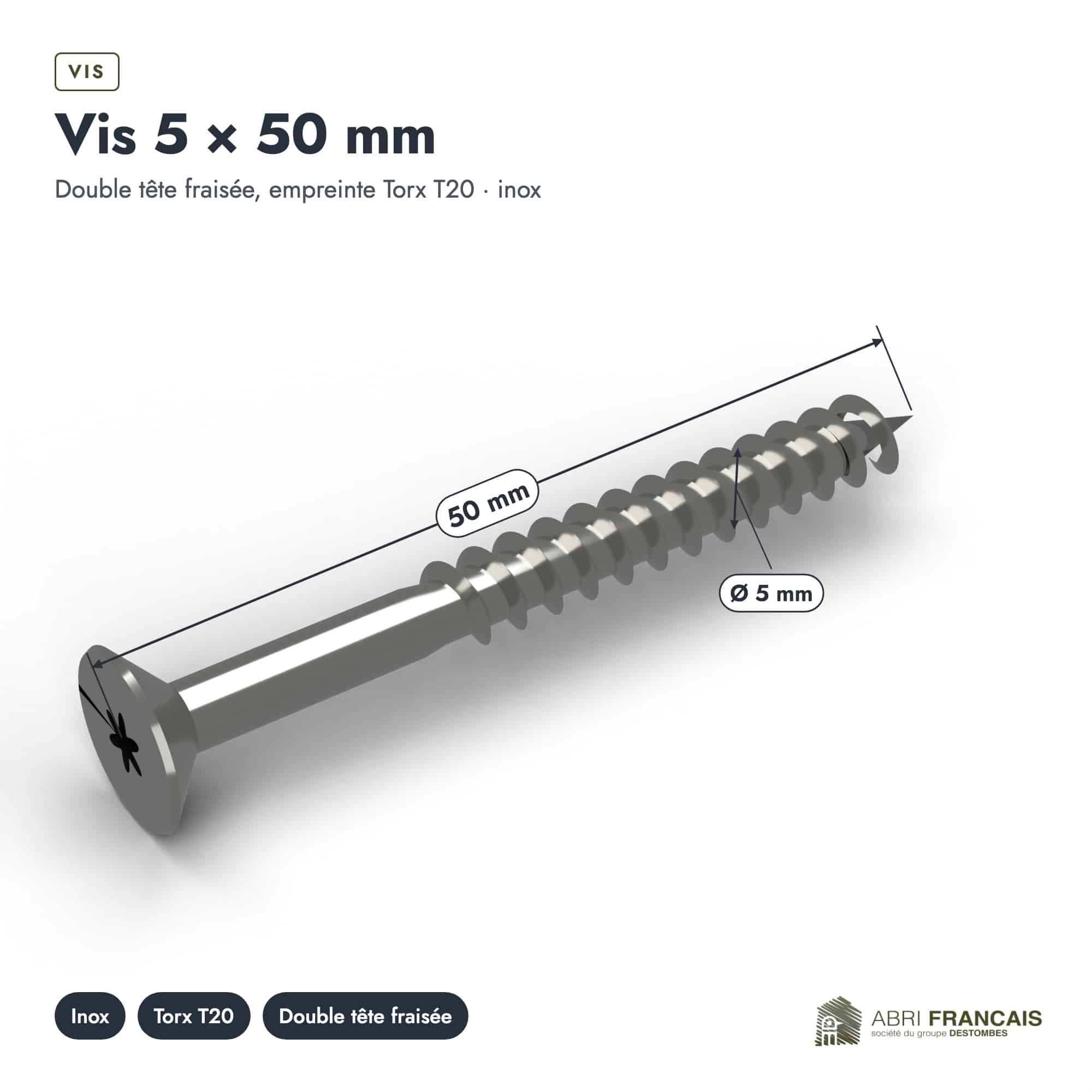 Vis 5 × 50 mm, vue cotée, Abri Français