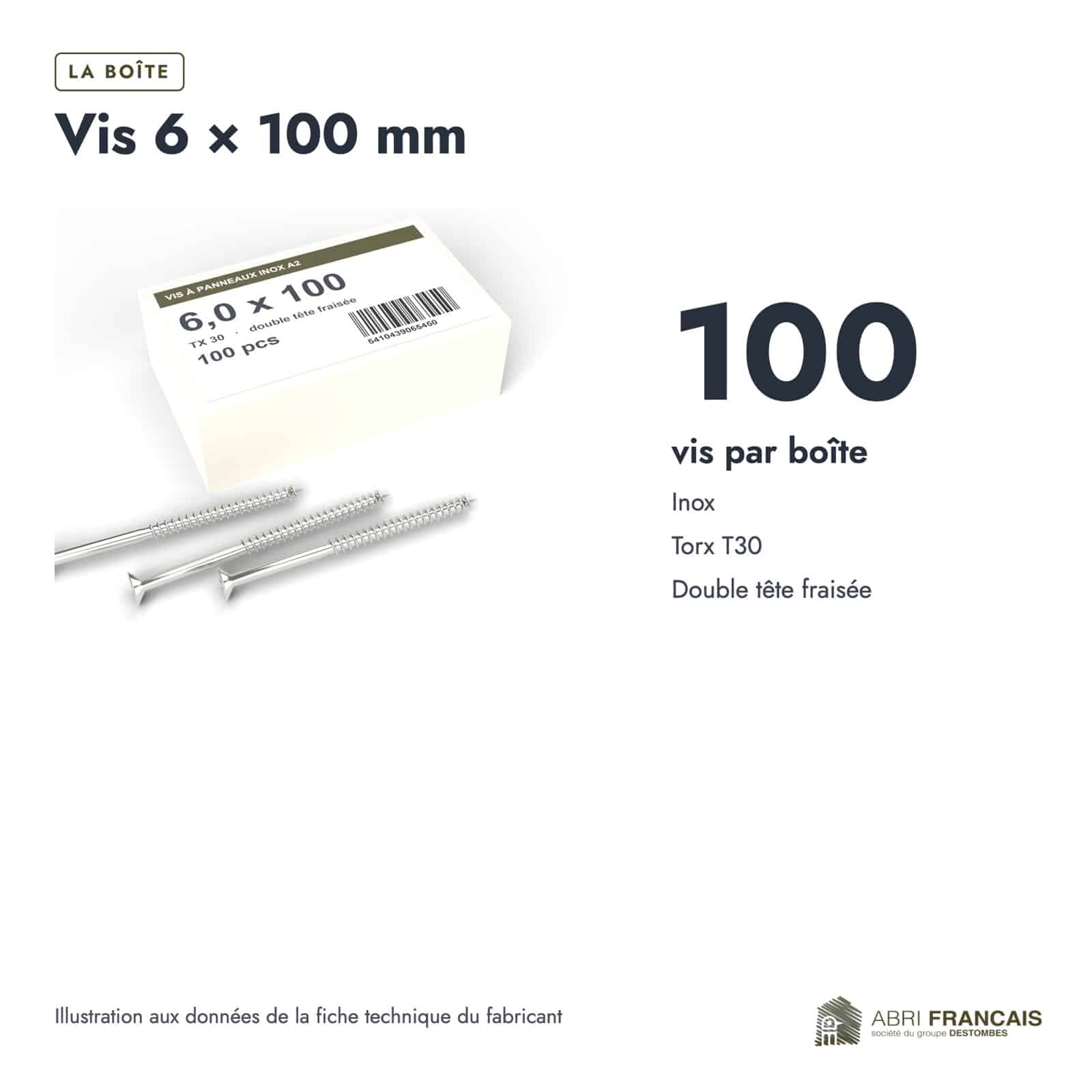 Vis inox 6x100 A2, double tête fraisée T30, boîte de 100 : boite ou ensemble