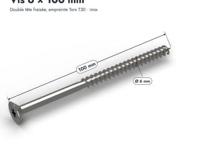 Vis inox 6x100 A2, double tête fraisée T30, boîte de 100 : piece cotee