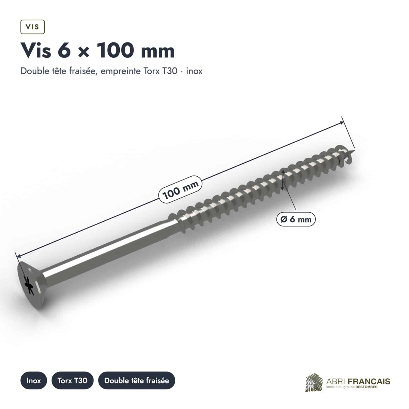 Vis inox 6x100 A2, double tête fraisée T30, boîte de 100 : piece cotee