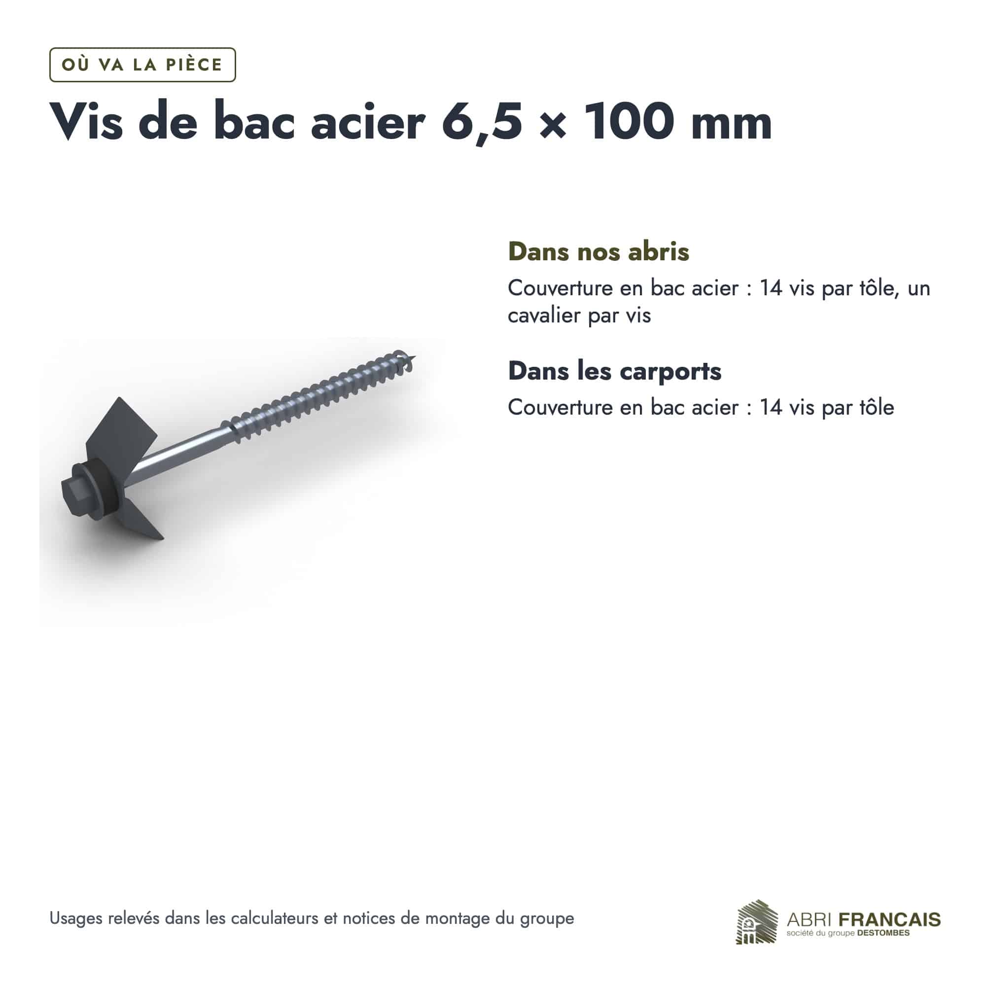 Vis de bac acier 6,5 × 100 mm + cavalier, usages, Abri Français