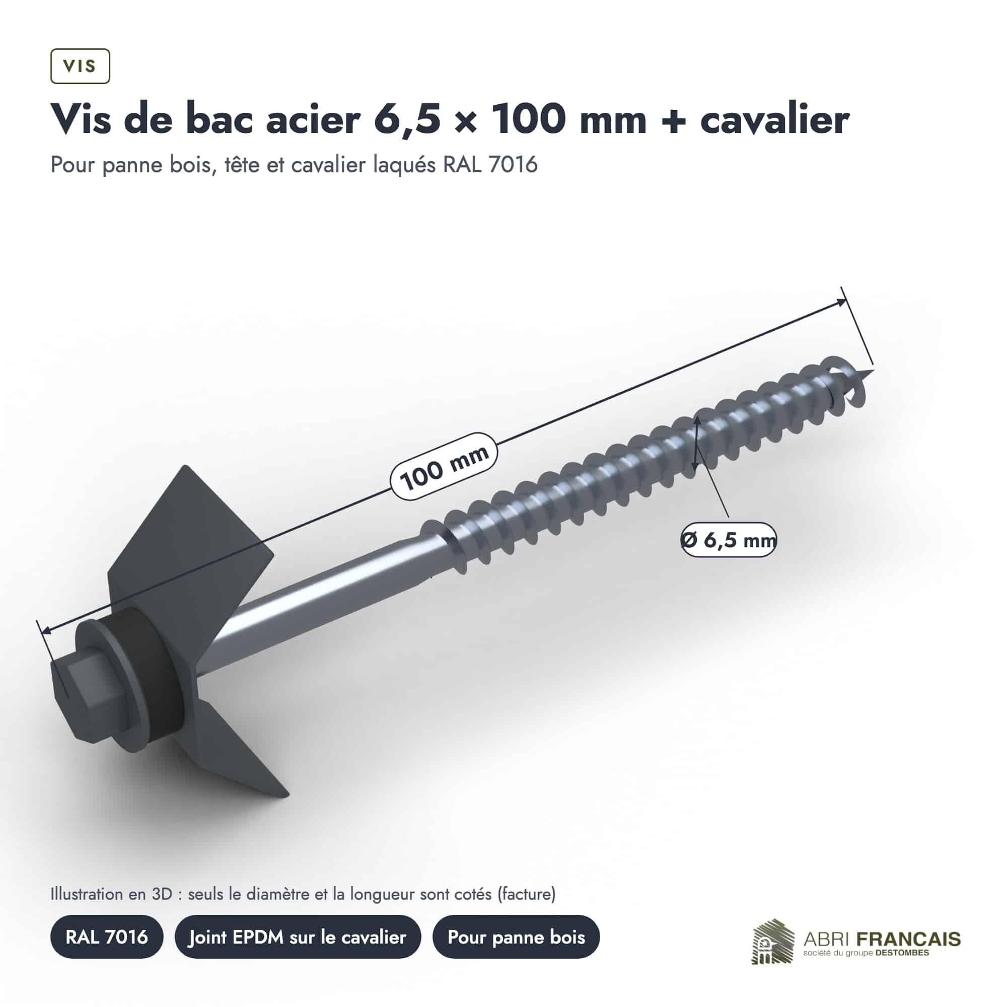 Vis de bac acier 6,5 × 100 mm + cavalier, vue cotée, Abri Français