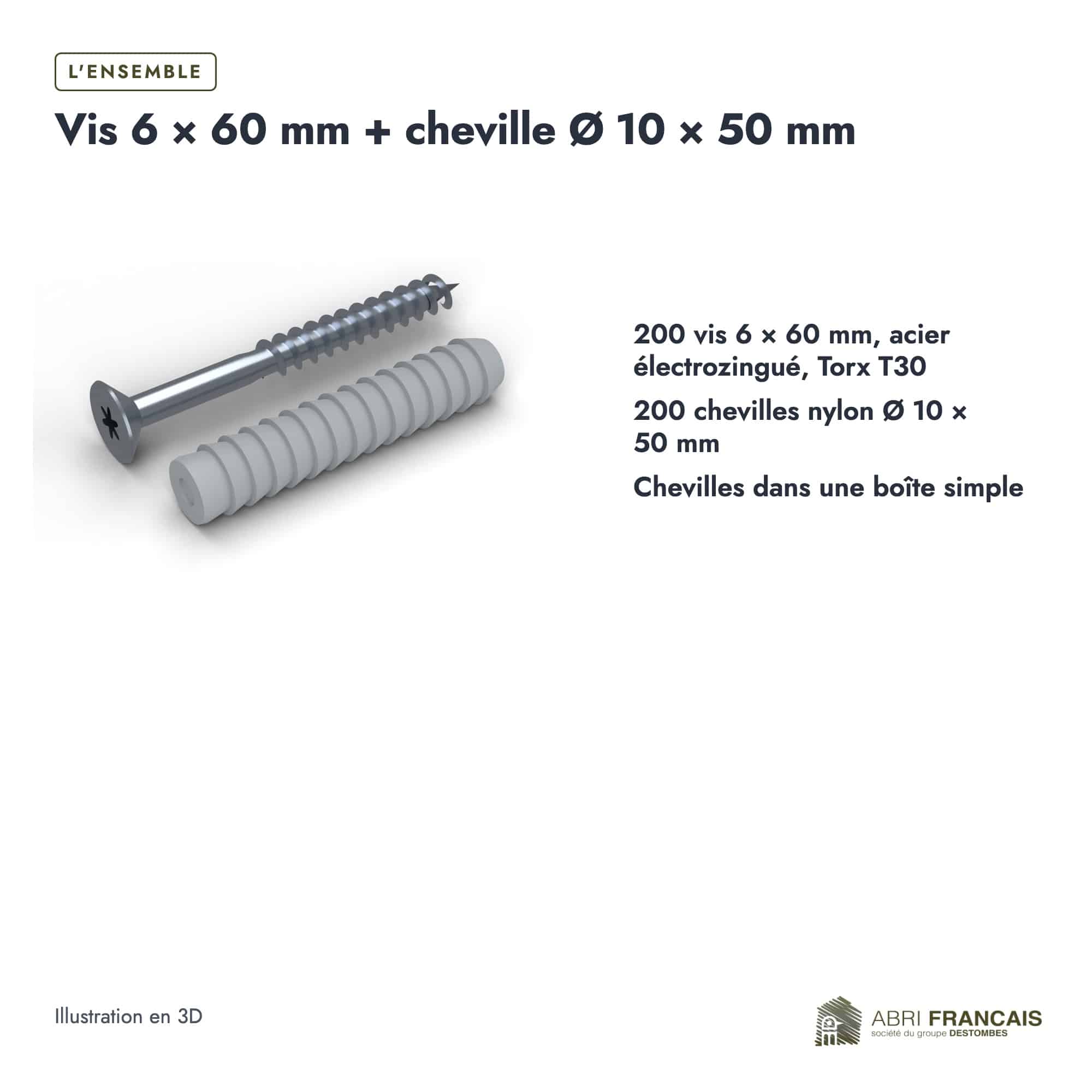 Vis 6 × 60 mm + cheville Ø 10 × 50 mm, boîte ou ensemble, Abri Français