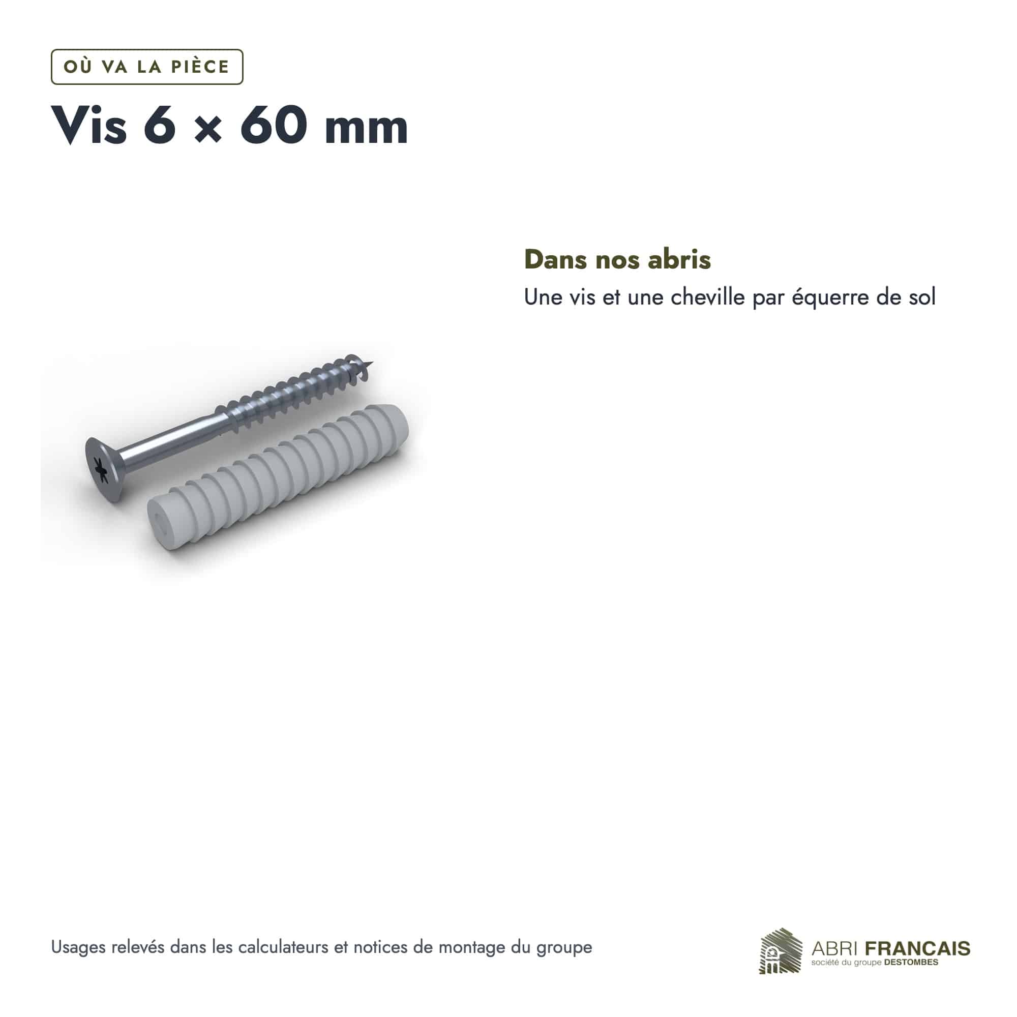 Vis 6 × 60 mm + cheville Ø 10 × 50 mm, usages, Abri Français