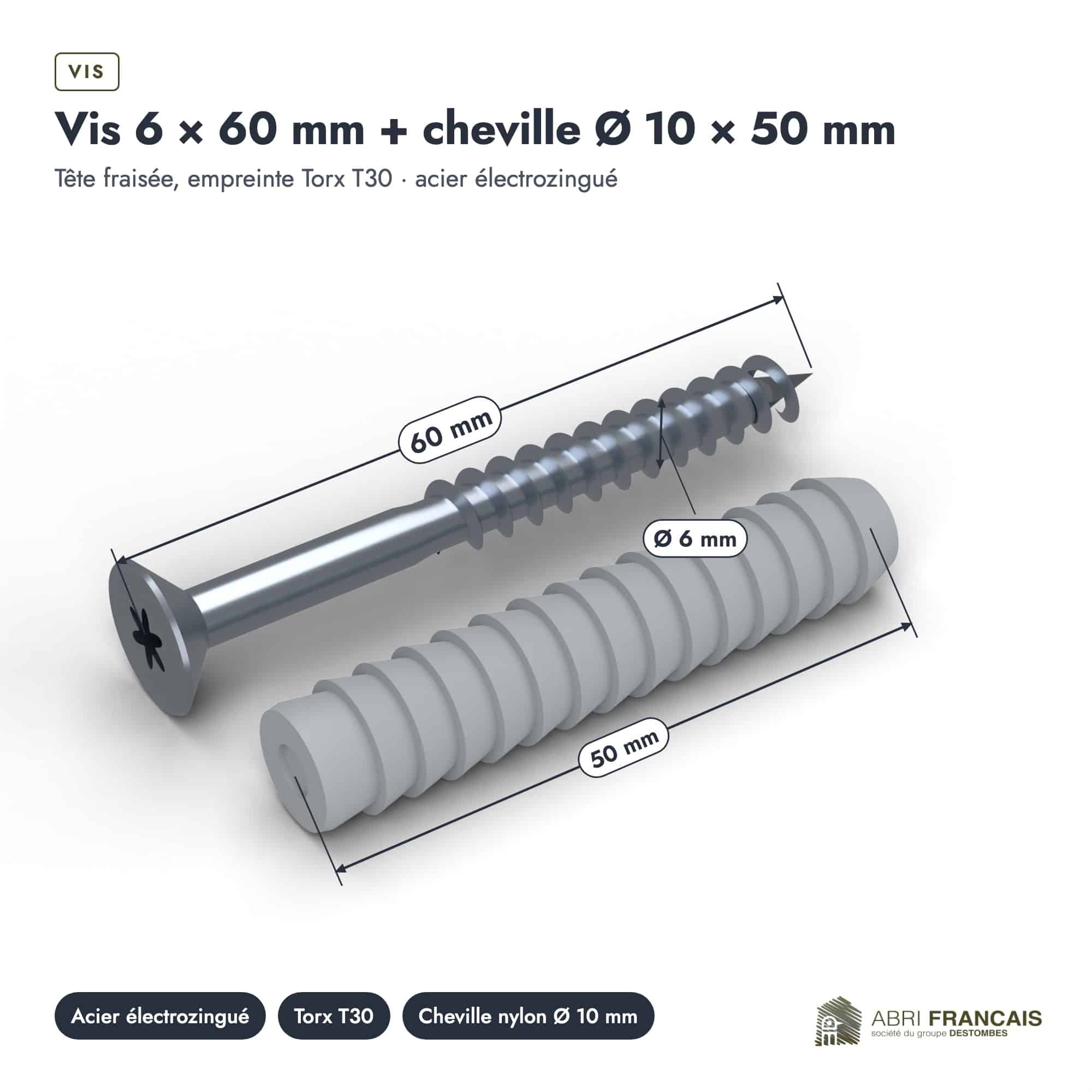 Vis 6 × 60 mm + cheville Ø 10 × 50 mm, vue cotée, Abri Français
