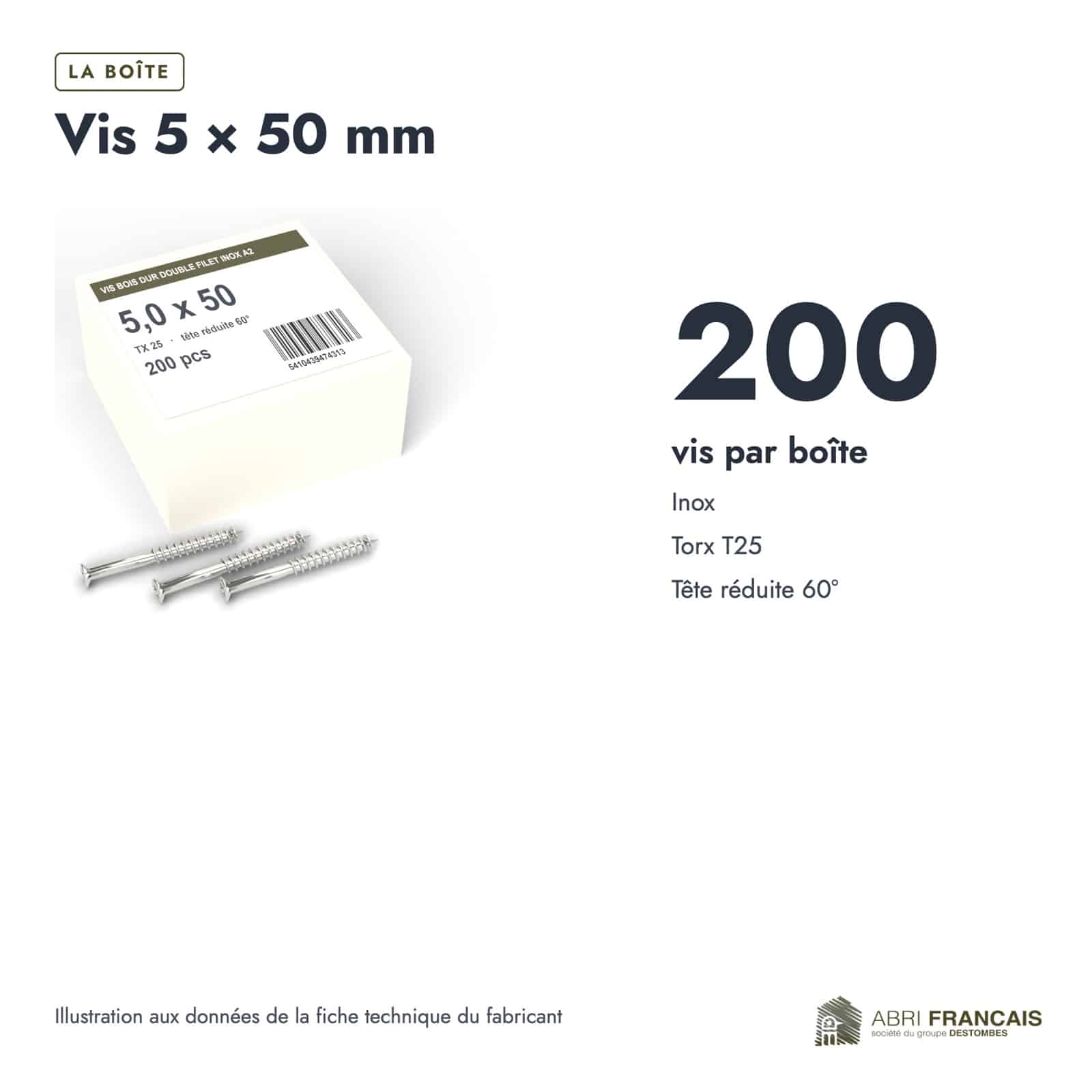 Vis terrasse inox 5x50 double filet, tête réduite T25, boîte de 200 : boite ou ensemble