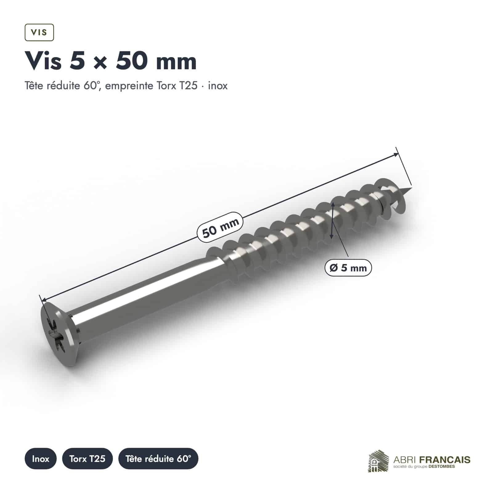 Vis terrasse inox 5x50 double filet, tête réduite T25, boîte de 200 : piece cotee