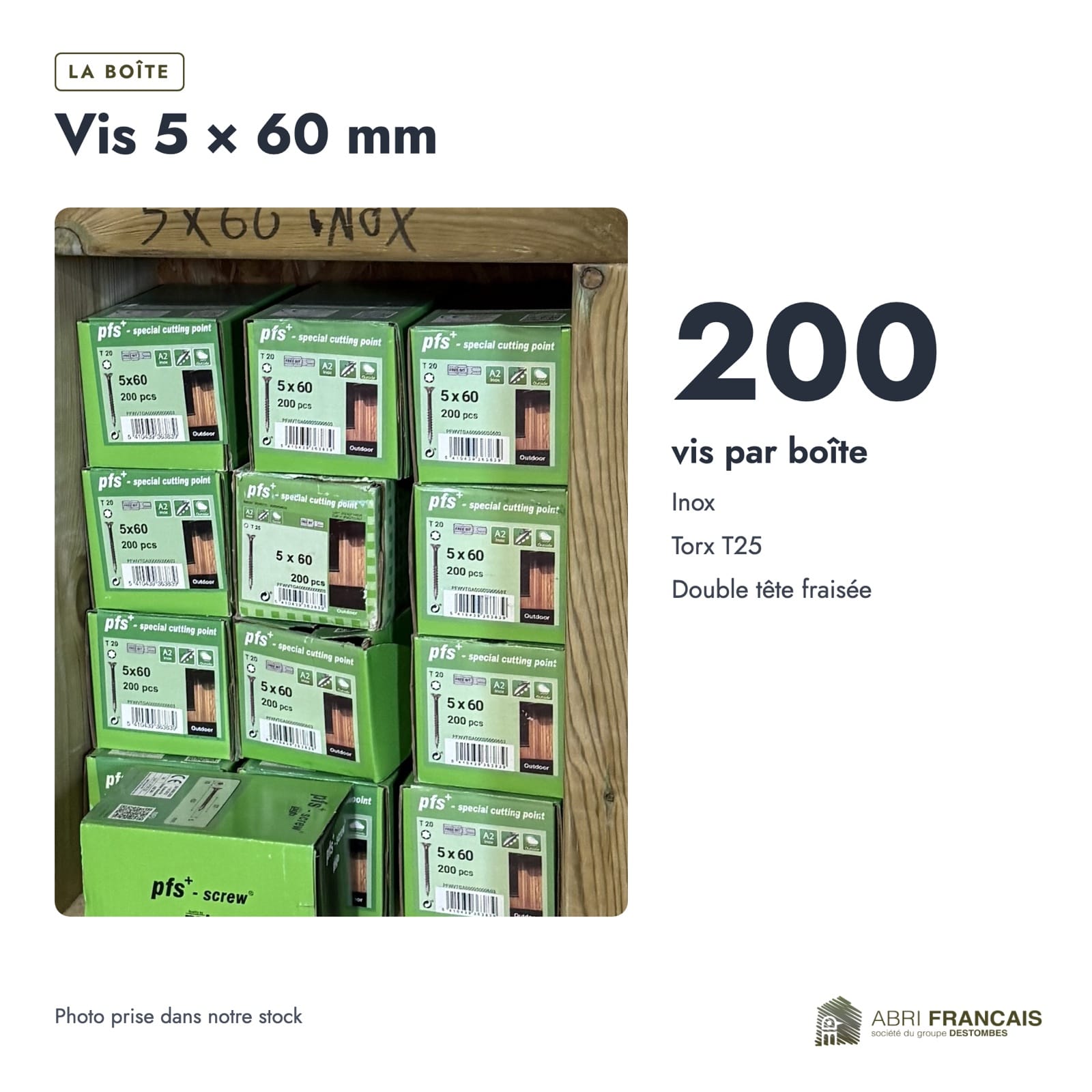 Vis inox 5x60 tête fraisée pour lames de terrasse, boîte de 200 : boite ou ensemble