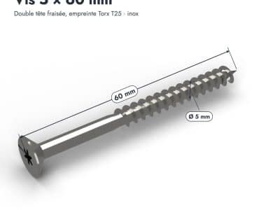 Vis inox 5x60 tête fraisée pour lames de terrasse, boîte de 200 : piece cotee