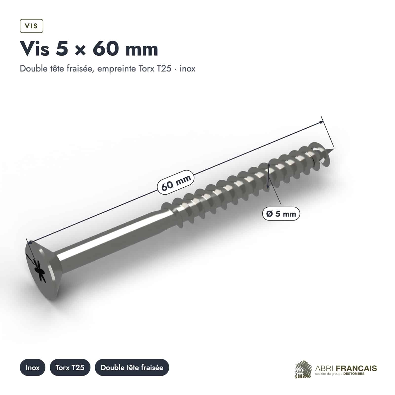 Vis inox 5x60 tête fraisée pour lames de terrasse, boîte de 200 : piece cotee